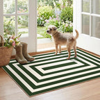 Modern Outdoor Rug - 28" x 43" Front Door Mat Indoor Outside Entrance Non-Slip Washable Outdoor Mat Green White Border Striped Rug for Entryway Kitchen Bedroom Layered Doormat for Front Porch