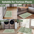 Yamaziot Washable Runner Rug 2x3 – Floral Non Slip Small Entryway Rug with Rubber Backing, Low Pile Faux Wool Distressed Carpet for Indoor Door Mat, Kitchen, Laundry Entrance, Green
