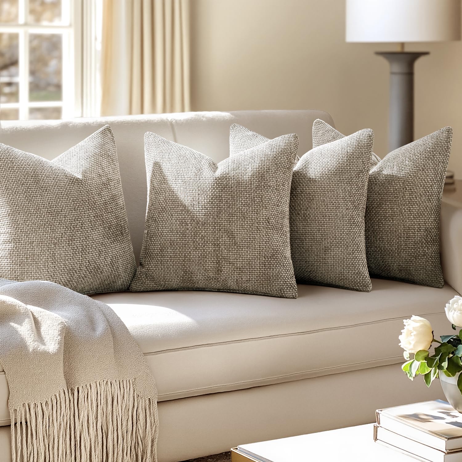 MIULEE Soft Decorative Chenille Pillow Covers Khaki 18x18 Pack of 4