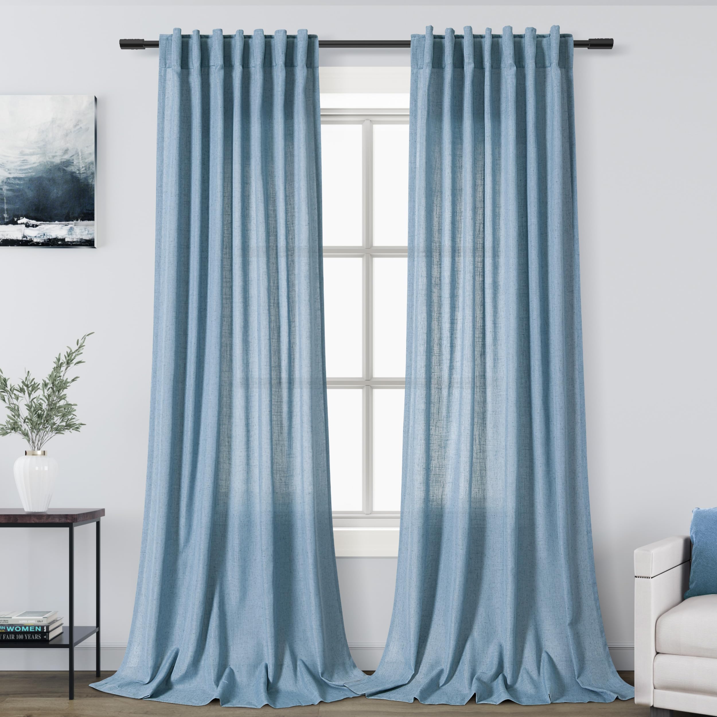 2 Panels Set Blue Linen Curtains 126 Inches Long for Living Room Extra Long Back Tab Curtain Neutral Farmhouse Light Filtering Semi Sheer Linen Drapes Ceiling to Floor for Large Window 52x126