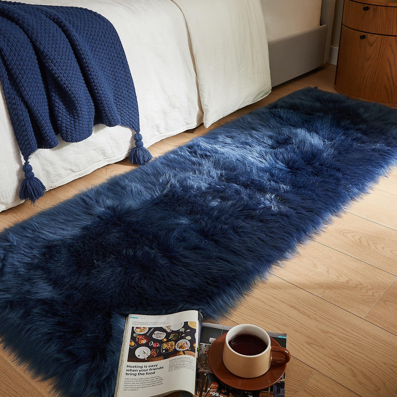 AMTOVO Faux Fur Rug, Dark Blue Ultra Soft Fluffy Shag Sheepskin Rug, 2 x 6 ft Runner Area Rugs for Bedroom Sofa Throw Cushion Room Decor, Rectangle