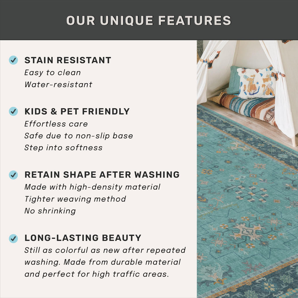 Boho Teal 7x9 Soft Rugs for Living Room, Washable Turquoise Rug for Bedroom Under Bed, Vintage Non Slip Floral Dining Room Carpet, Low Pile Soft Fade Resistant