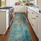 Washable Area Rugs 2'x10' Non-Slip Modern Abstract Soft for Living Room Entryway Bedroom Nursery, Print Pattern, Teal Blue Green Orange Rust Red Coloreful