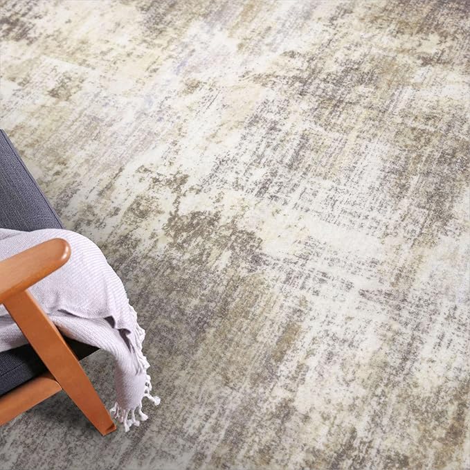 IOHOUZE Abstract Area Rugs 8x10 Ft Washable Large Rugs for Living Room, Non Slip Dining Room Rug, Printed Faux Wool Rugs for Bedroom, Floor Carpet for Office Nursery Playroom, Beige Brown