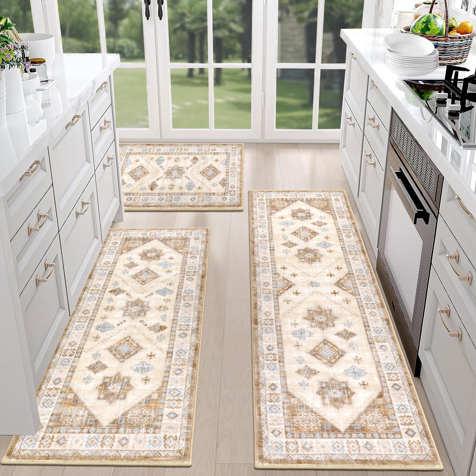 HEBE Boho Kitchen Rugs Set of 3, Non Slip Washable Kitchen Mats for Floor