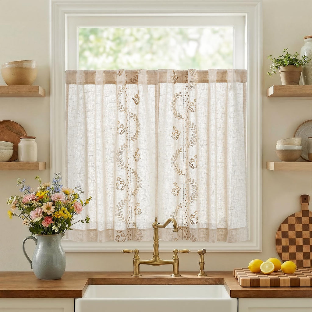 jinchan Floral Linen Curtains 84 Inch Farmhouse Back Tab 2 Panels