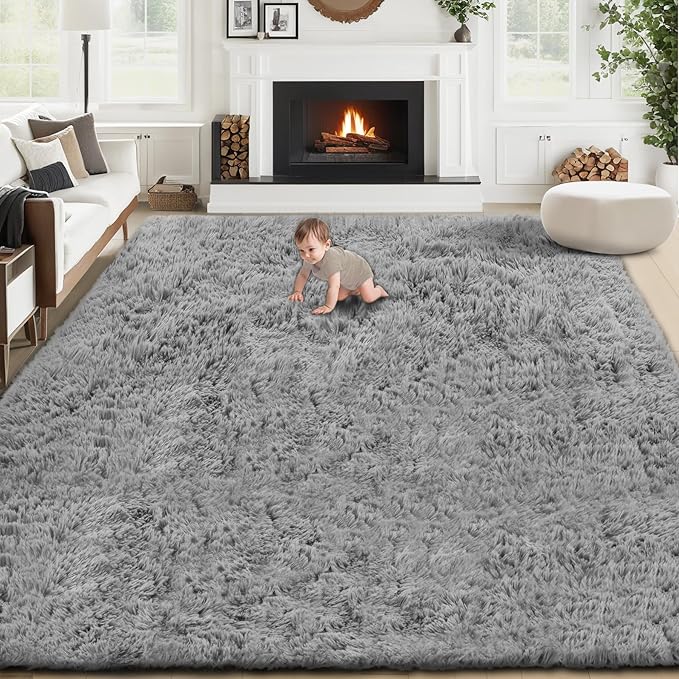 6x9 Area Rug for Living Room: Fluffy Shag Soft Washable Rugs Large Fuzzy Plush Indoor Carpet for Bedroom Nursery Playroom Kids Girls Boys Room (Grey, 6'x9')