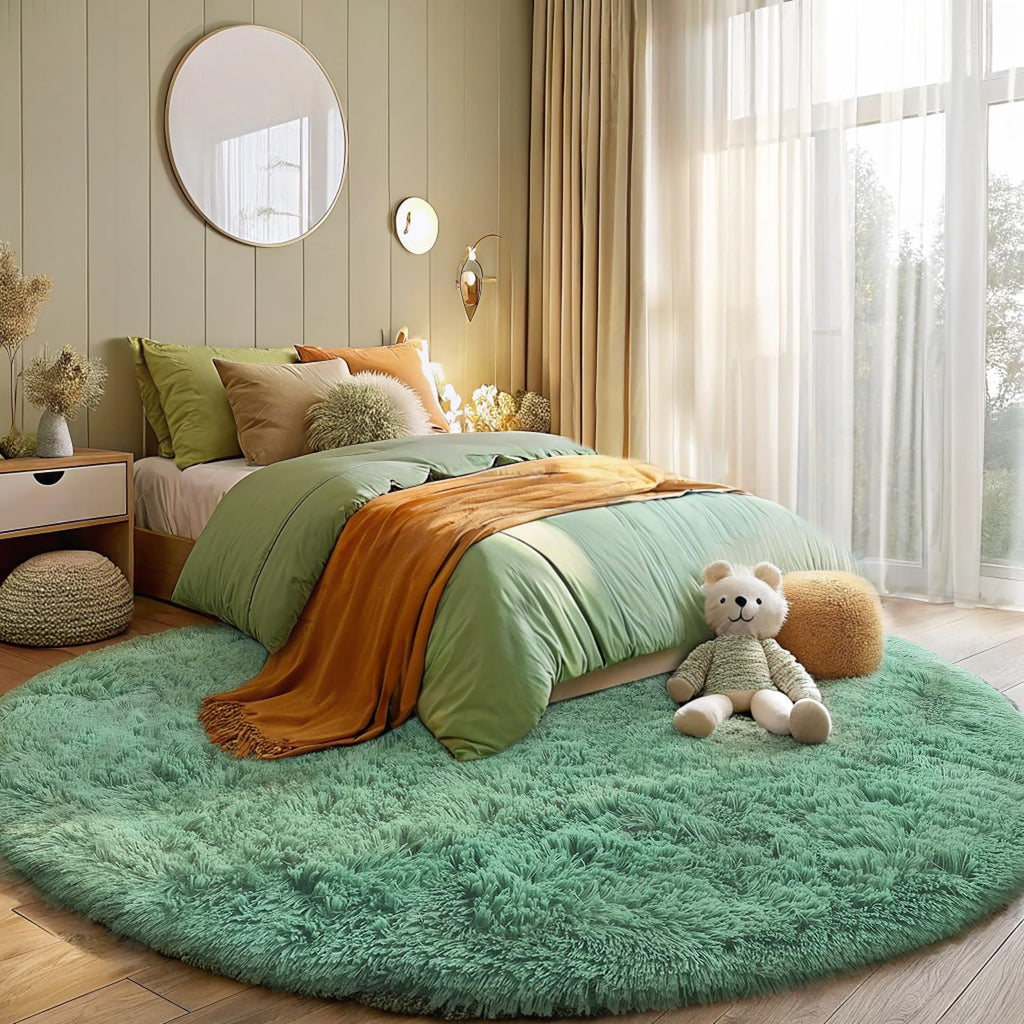 OLANLY Mint Green Round Rugs for Bedroom - Machine Washable, 4 ft Circle Area Rugs for Living Room, Soft and Fluffy Shaggy Carpet for Teen Girls and Boys, Nursery Rooms, Dorms, Home Decor Aesthetic