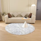 ORINOVA White and Grey Round Rugs 6ft Circle Furry Rug for Living Room Washable Shag Faux Sheepskin Fluffy Fur Rugs for Bedroom Nursery Rug