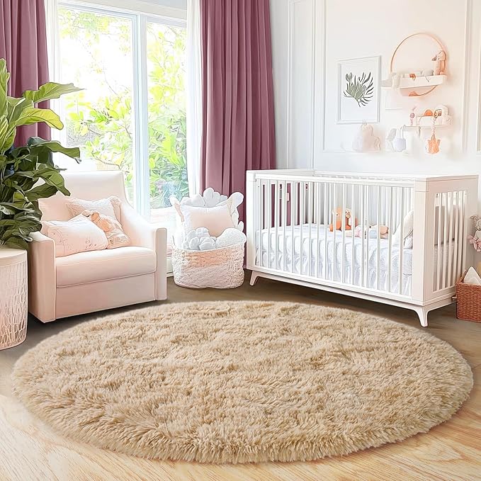 Quntue 6‘x6’ Beige Round Rug for Bedroom, Ultra Soft Fluffy Circle Rug for Kids Girls Boys Room, Cute Shag Rugs for Living Room Playroom Tent Castle Home Decor Rug