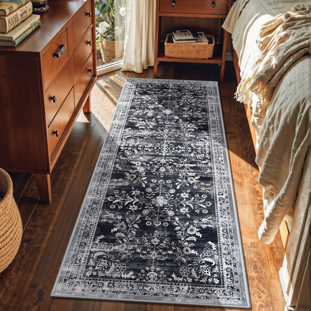 Yamaziot 2x6 Washable Hallway Runner Rug Non Slip Floral Carpet, Black
