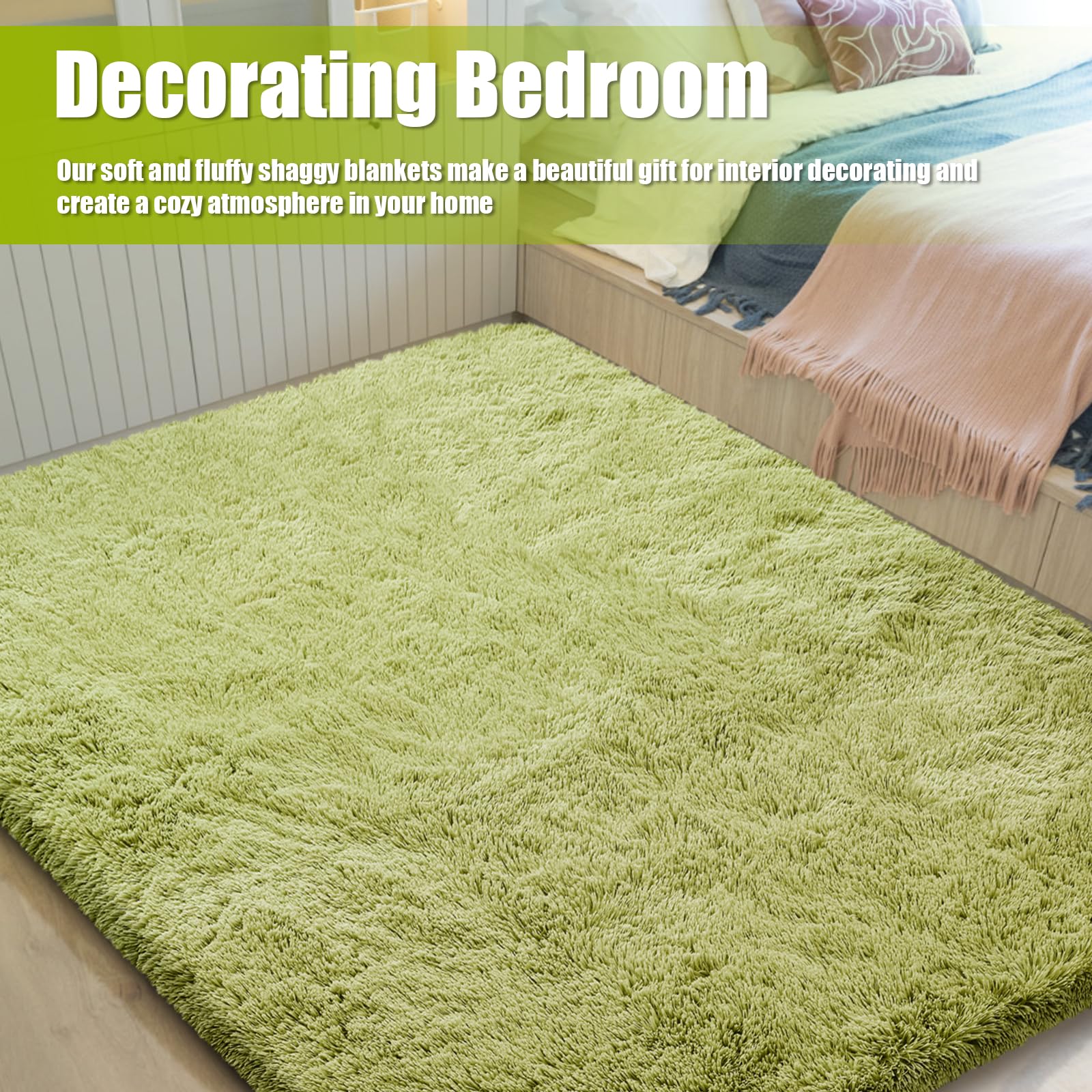 3x5 Area Rug for Bedroom,Grass Green Fluffy Shag Rug Small Rug Plush Carpet