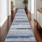 KOZYFLY Modern Abstract Washable Rug Runner 2.6x16 Hallway Rug Runner Non-Slip Soft Kitchen Runner Rugs, Blue/Grey/Beige Striped Carpet for Stair Entryway Bathroom Laundry Room Foyer