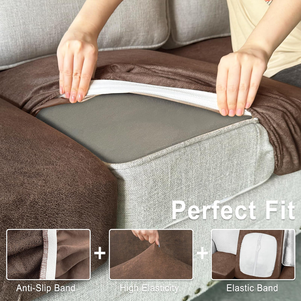 ANARACHON Leather Look Couch Cushion Covers Sofa Seat Slipcovers Sets Couches Furniture Protector for Sectional Armchair Loveseat Pets Kids Stretch Spandex Fabric (1 Cushion Armchair, Brown)