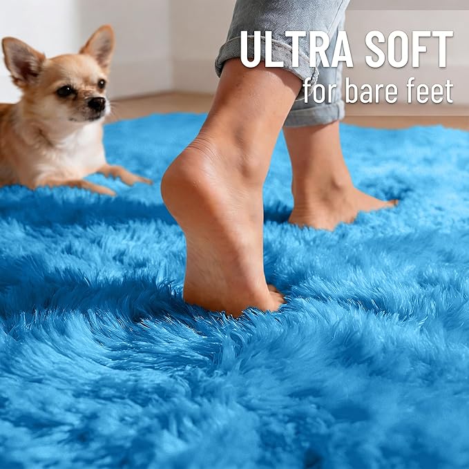 OLANLY 9x12 Machine Washable Large Area Rugs for Living Room, Bedroom, Soft Fluffy Shaggy Bedside Rug, Indoor Floor Carpet for Kids Girls and Boys, Dorms, Nursery, Home Decor Aesthetic, Bright Blue
