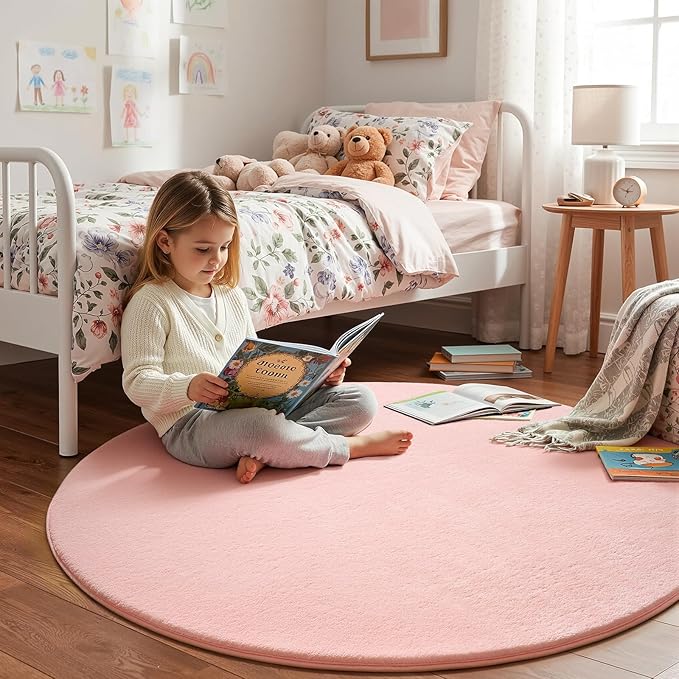 Amearea Pink Round Area Rugs 5ft Washable Circle Rugs for Bedroom Living Room, Fluffy Indoor Thickened Memory Foam Rug, Non Slip Minimalist Circular Carpet for Kids Boys Girls Dorm Nursery Room Decor