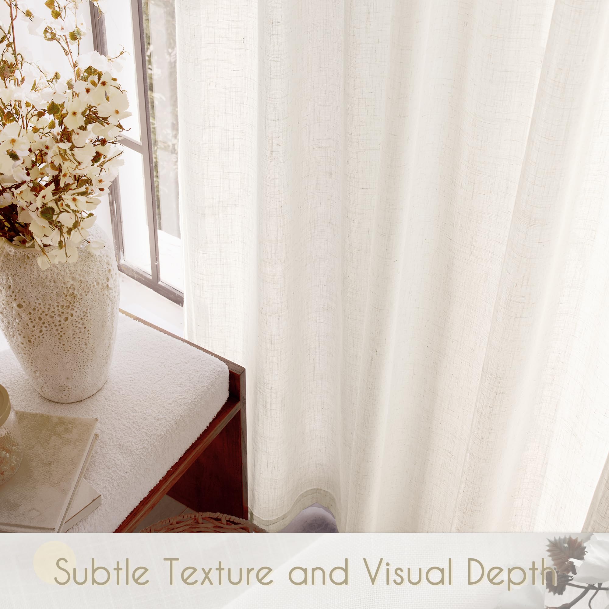 2 Panels Set Cream Linen Curtains 132 inches Long For Living Room Neutral Farmhouse Light Filtering Semi Sheer Linen Drapes 132 inch Ceiling To Floor For Large Window Villa Hallway Ivory FT 60x132