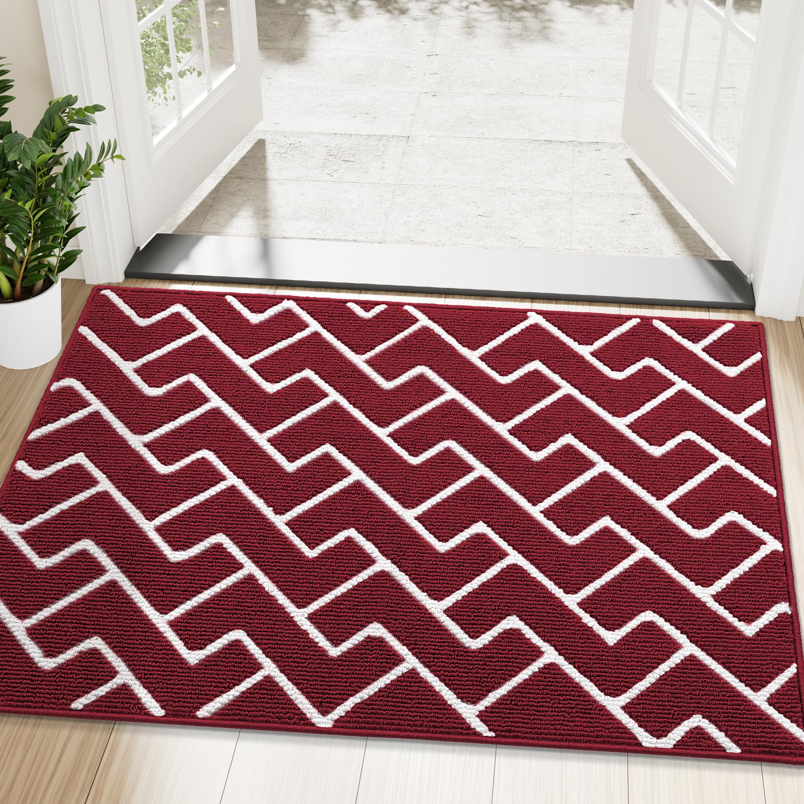OLANLY Front Door Mat, Non-Slip Rubber Backing, Dirt Resistant and Absorbent, Washable, Easy to Clean Low-Profile Indoor Doormat for Back Door, Entryway, Inside Entrance, 48x32, Burgundy