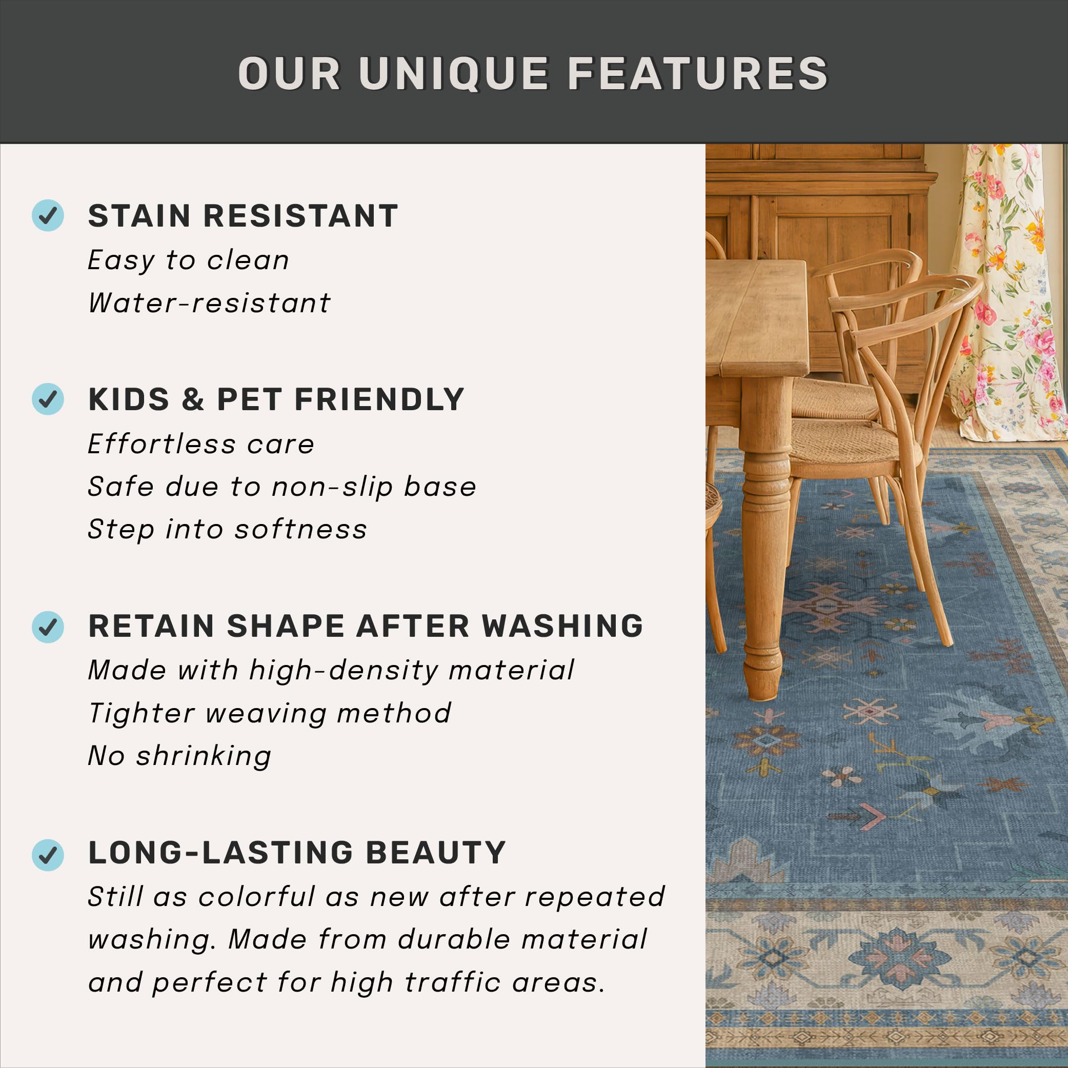 Washable 3x6 Throw Rug for Large Kitchen - Blue Rugs for Entryway Indoor, Bedroom Bedside, Mudroom, Boho Eclectic Modern Décor, Non Slip Low Pile Fade Resistant