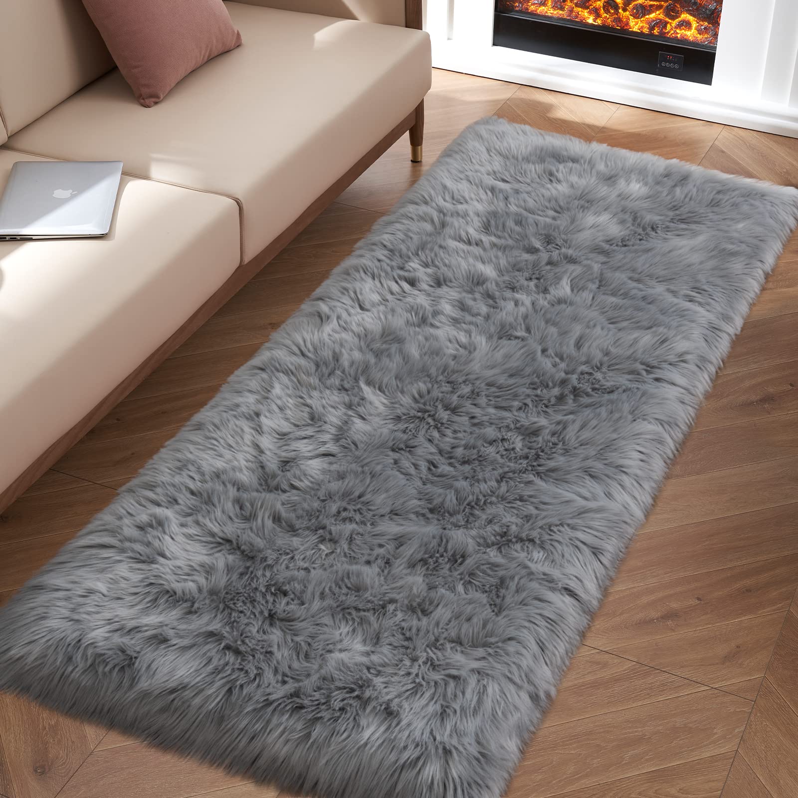 Tangsoo 2x6 Grey Fluffy Faux Fur Runner Rug,Soft Sofa Couch Cover Cushion