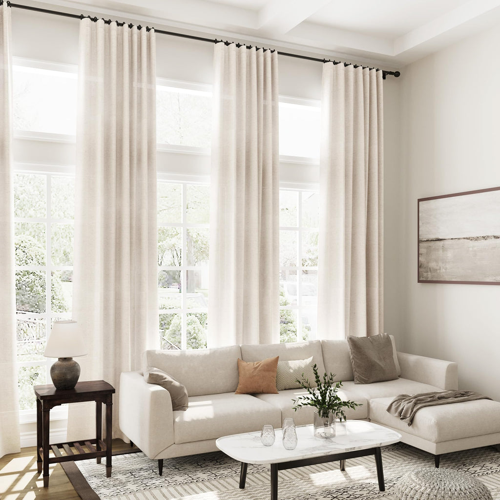 Beige Linen Sheer Curtains 102 Inches 2 Panels Set Back Tab Rod Pocket Extra Long Semi Sheer Light Filter Vintage Curtain Drapes Room Decor Aesthetic Curtains for Living Room High Window 42x102