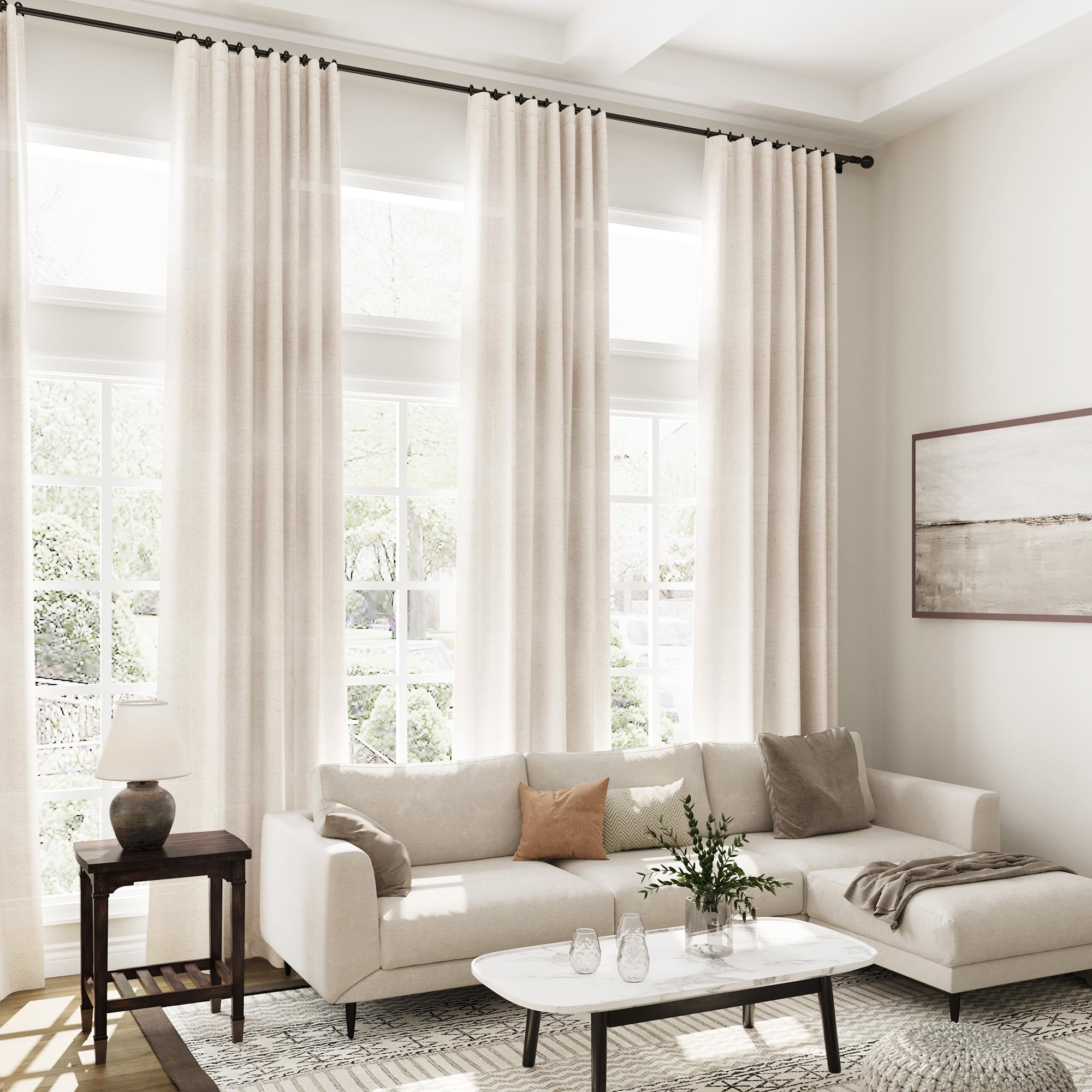 Extra Long Tan Beige Curtains 132 inch Length 2 Panels Set Back Tab Neutral Farmhouse Drapes Light Filtering Semi Sheer Linen Curtain 132 inches Long for Floor to Ceiling Window Patio Sliding Door