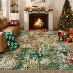 Washable Area Rugs 7'x9' Non-Slip Modern Abstract Soft for Living Room Entryway Bedroom Nursery, Print Pattern, Green Orange Rust Red Cream Colorful