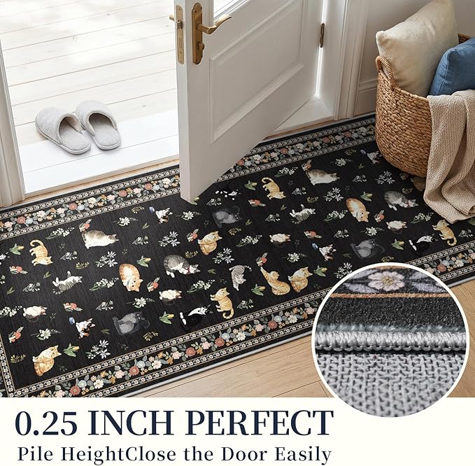 2x6 Washable Kitchen Runner Rug - Soft Low Pile Floral Animal Cat Print Rugs with Non-Slip Backing Waterproof Stain-Resistant Indoor Carpet for Hallway Entryway Bathroom Bedroom (Black)