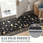 2x12 Washable Hallway Runner Rug: Long Floral Cat Print Soft Rug Black