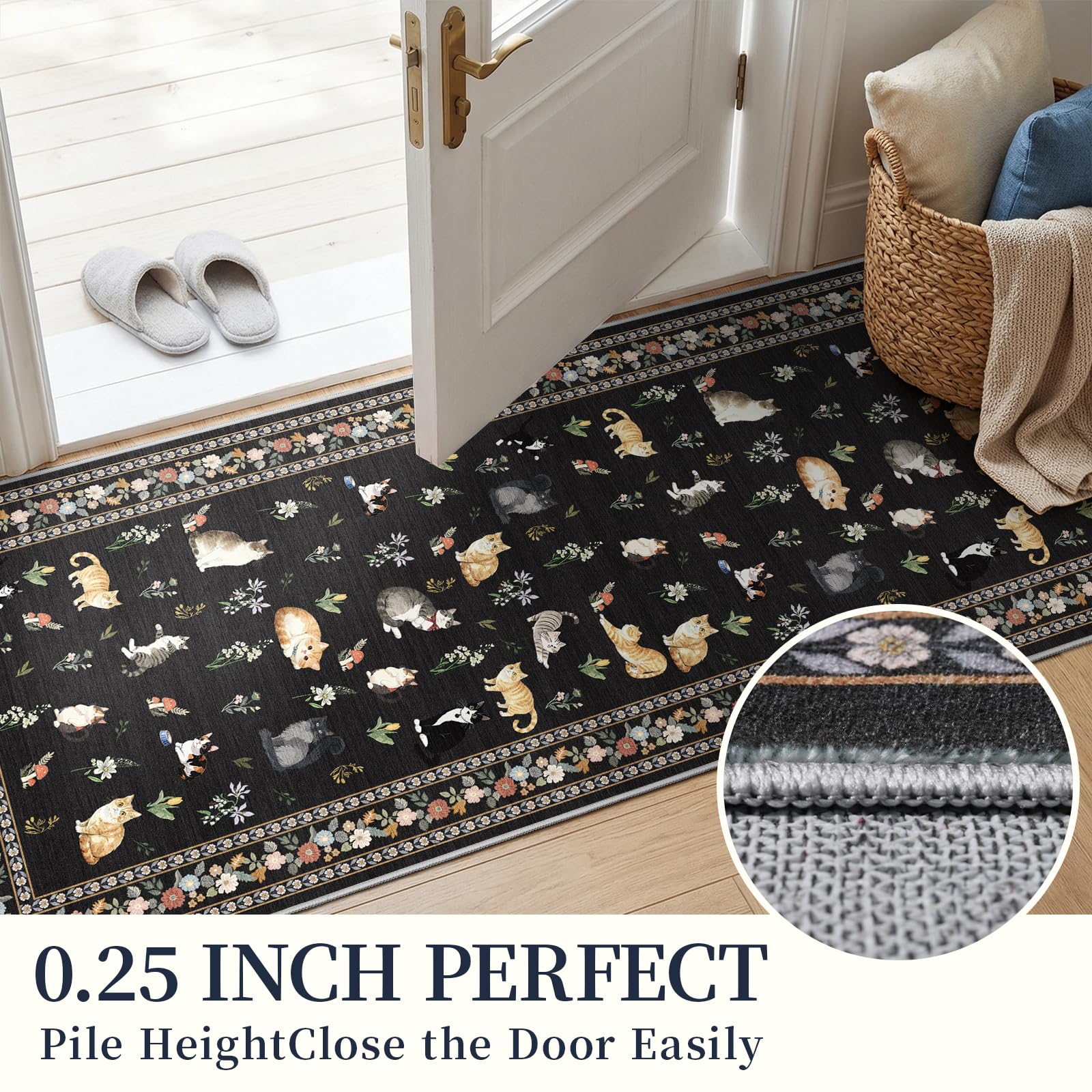 2x12 Washable Hallway Runner Rug: Long Floral Cat Print Soft Rug Black