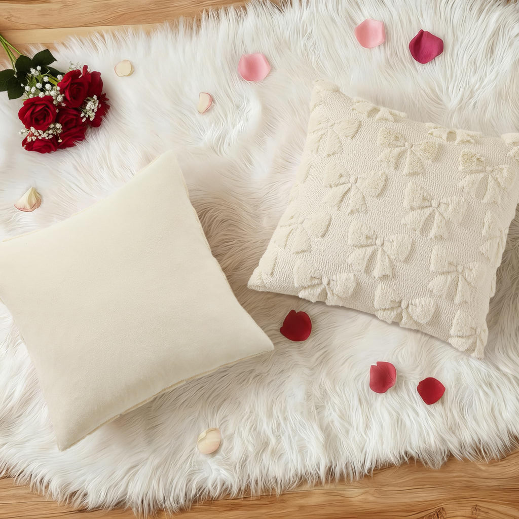 decorUhome Beige Bow Cute Girl Faux Fur Throw Pillow Covers 18x18 Set of 2