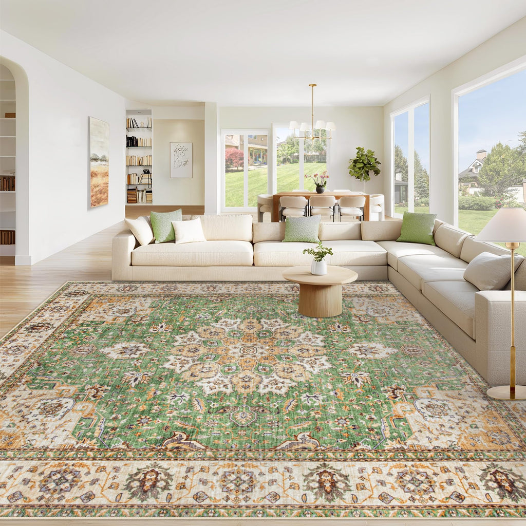 VECARF Area Rug 9x12 Washable Rug, Vintage Boho Medallion Rugs Non-Slip Soft Low Pile Large Distressed Rug Indoor Retro Carpet for Living Room Bedroom Dining Room Home Office (Vintage Green, 9'x12')