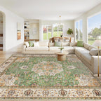 VECARF Area Rug 9x12 Washable Rug, Vintage Boho Medallion Rugs Non-Slip Soft Low Pile Large Distressed Rug Indoor Retro Carpet for Living Room Bedroom Dining Room Home Office (Vintage Green, 9'x12')