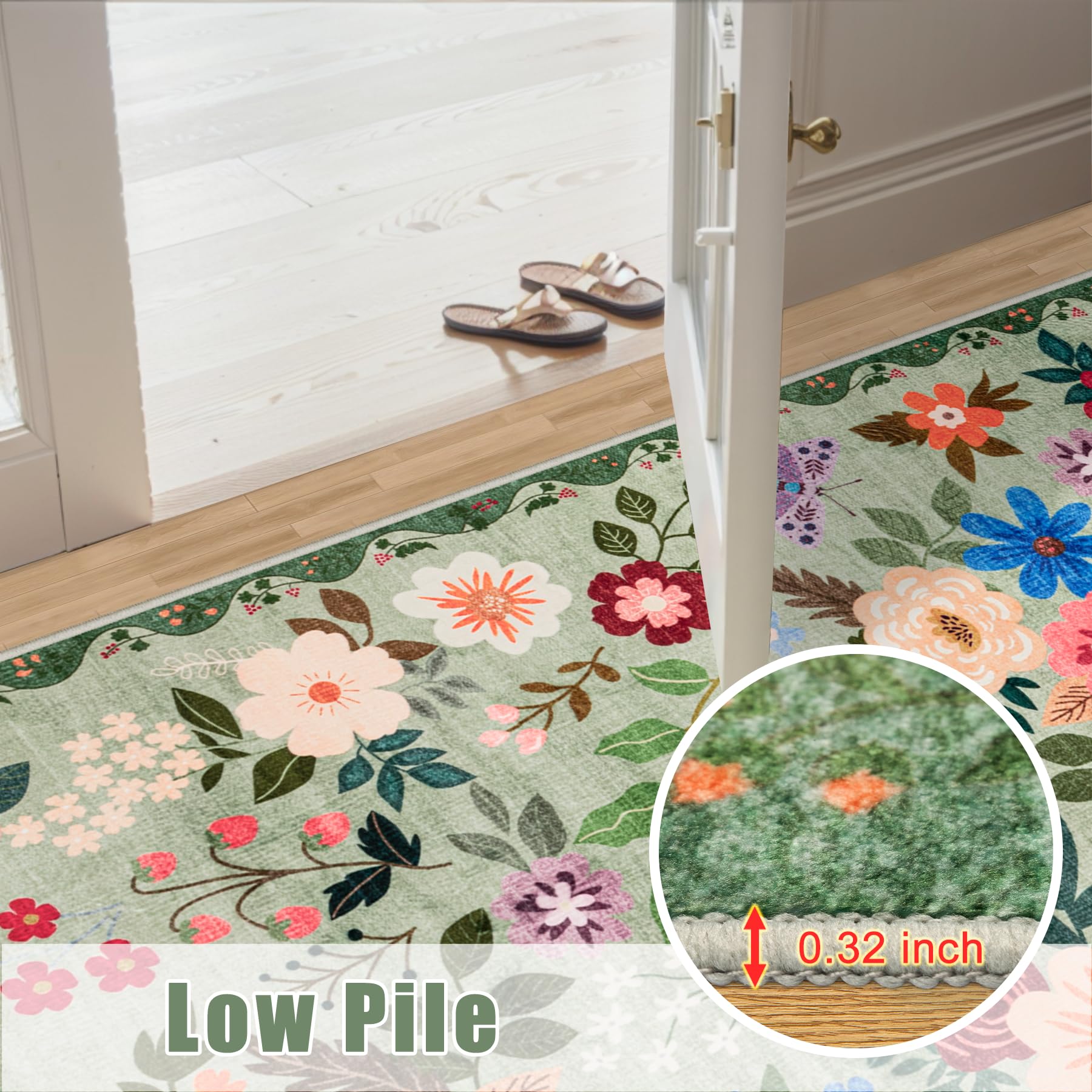 PLHXFR 8x10 Area Rug Living Room: Floral Washable Boho Soft Carpet Green