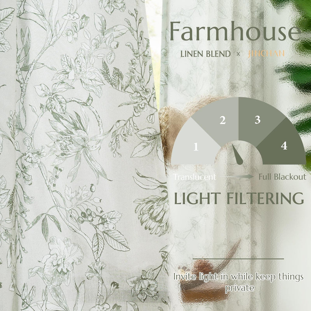 jinchan Green Floral Linen Curtains 84 Inch Farmhouse Rod Pocket 2 Panels