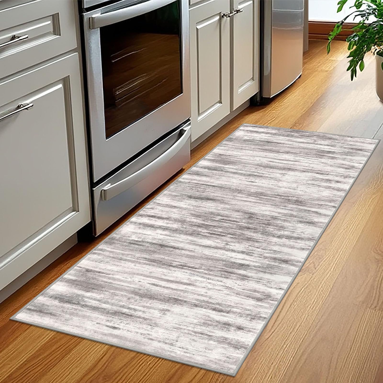 KOZYFLY Modern Abstract Washable Rug Runner 2x5 Hallway Rug Runner Non-Slip Soft Kitchen Runner Rugs, Grey/Light Beige/Brown Striped Carpet for Entryway Bathroom