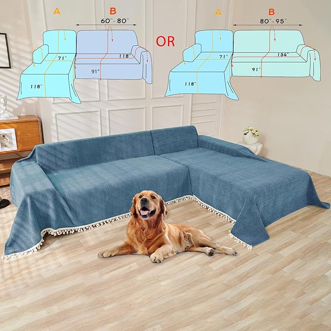 HANDONTIME Couch Slipcover Dog Sofa Covers Boho Couch Cover for Dogs Blue Sofa Throw Cover Bohemian Sofa Covers for 3 Cushion Couch Herringbone Sectional Couch Cover Slipcovers for Sofas, 71" X134"