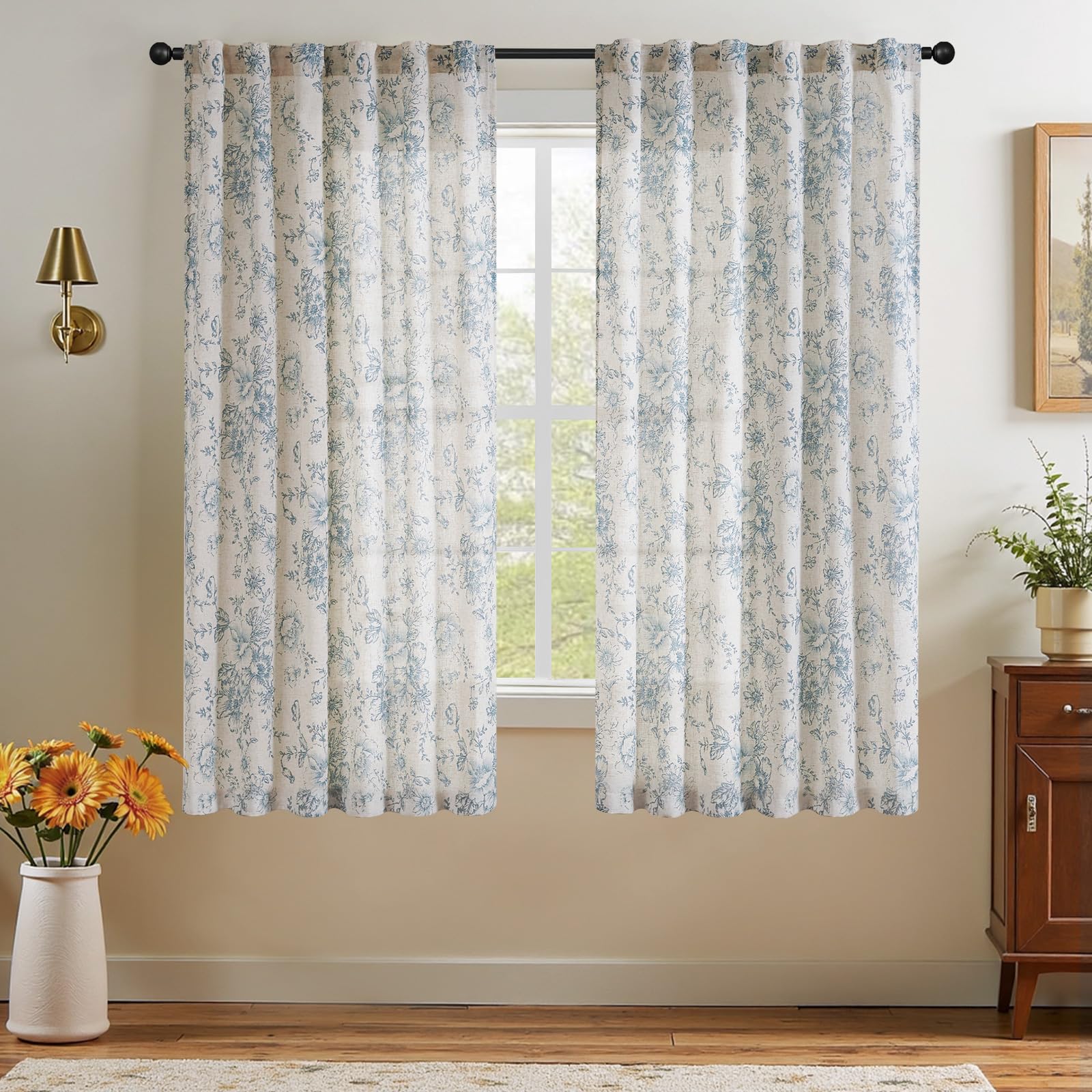 jinchan Vintage Floral Linen Curtains 45 Long for Living Room 2 Panels