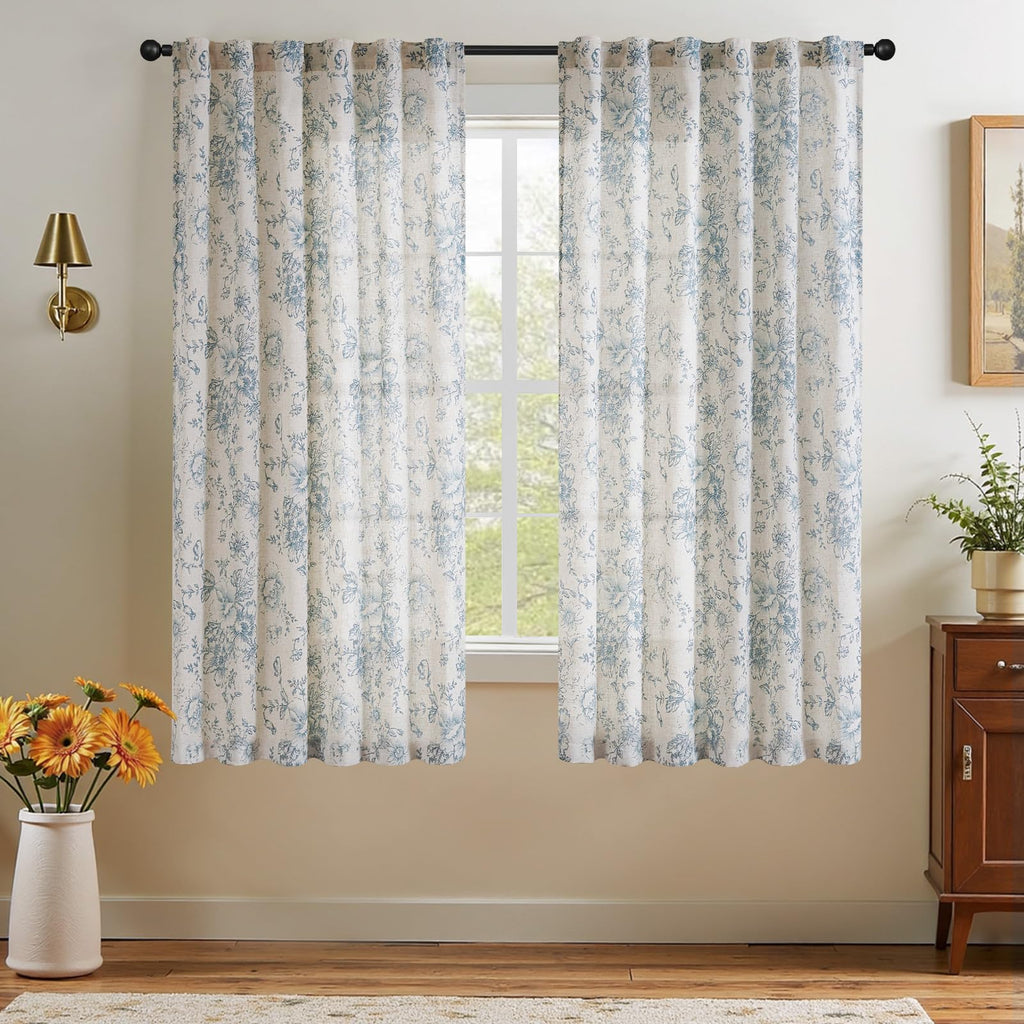 jinchan Vintage Floral Linen Curtains 54 Long for Living Room 2 Panels