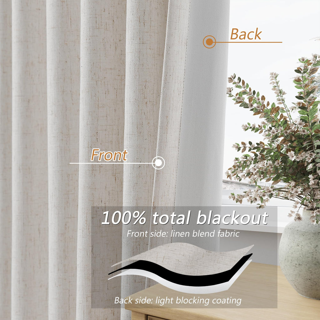 Guken 100% Black Out Light Beige Linen Curtains 90 Inch Long for Living Room Back Tab Rod Pocket Modern Farmhouse Thermal Insulated Drapes for Bedroom Black Out Window Curtain 2 Panels, 52x90