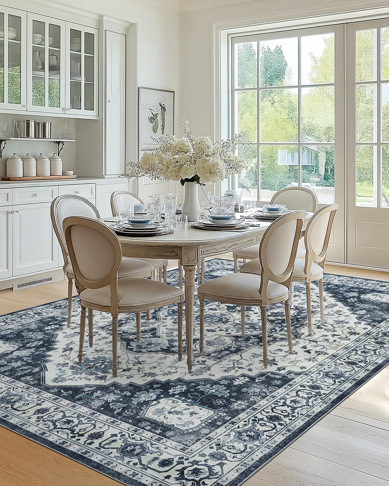 AMADA HOMEFURNISHING 9x12 Area Rug, Washable Low-Profile Large Area Rug with Non-Slip Backing & Durable Edge Binding, Vintage Large Rugs for Living Room, Bedroom