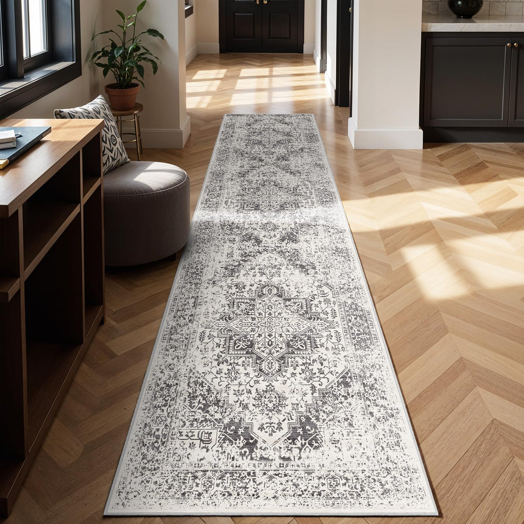 3x14 Washable Hallway Runner Rug: Long Vintage Soft Non Slip Rug Gray