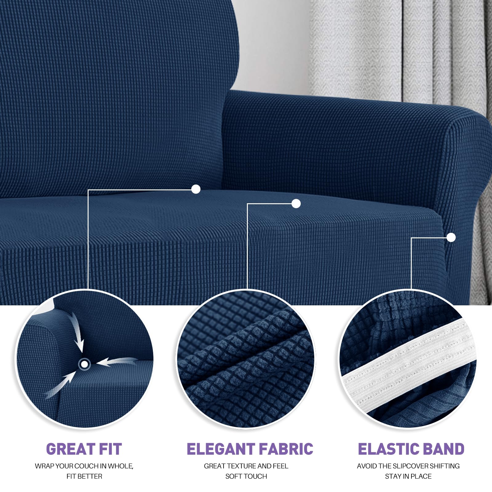 ZNSAYOTX Super Stretch Couch Cover (72"-92") Universal Sofa Covers with Elastic Bottom, Dog Cat Pets Friendly Washable Furniture Protector Fitted Sofa Slipcovers Stay in Place (Navy Blue, Sofa)