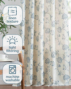 jinchan Linen Curtains Floral Curtains 96 Inch Length for Living Room Bedroom Light Filtering Rod Pocket Back Tab Jacobean Curtains Flax Linen Texture Window Drapes Set 2 Panels Blue on Linen