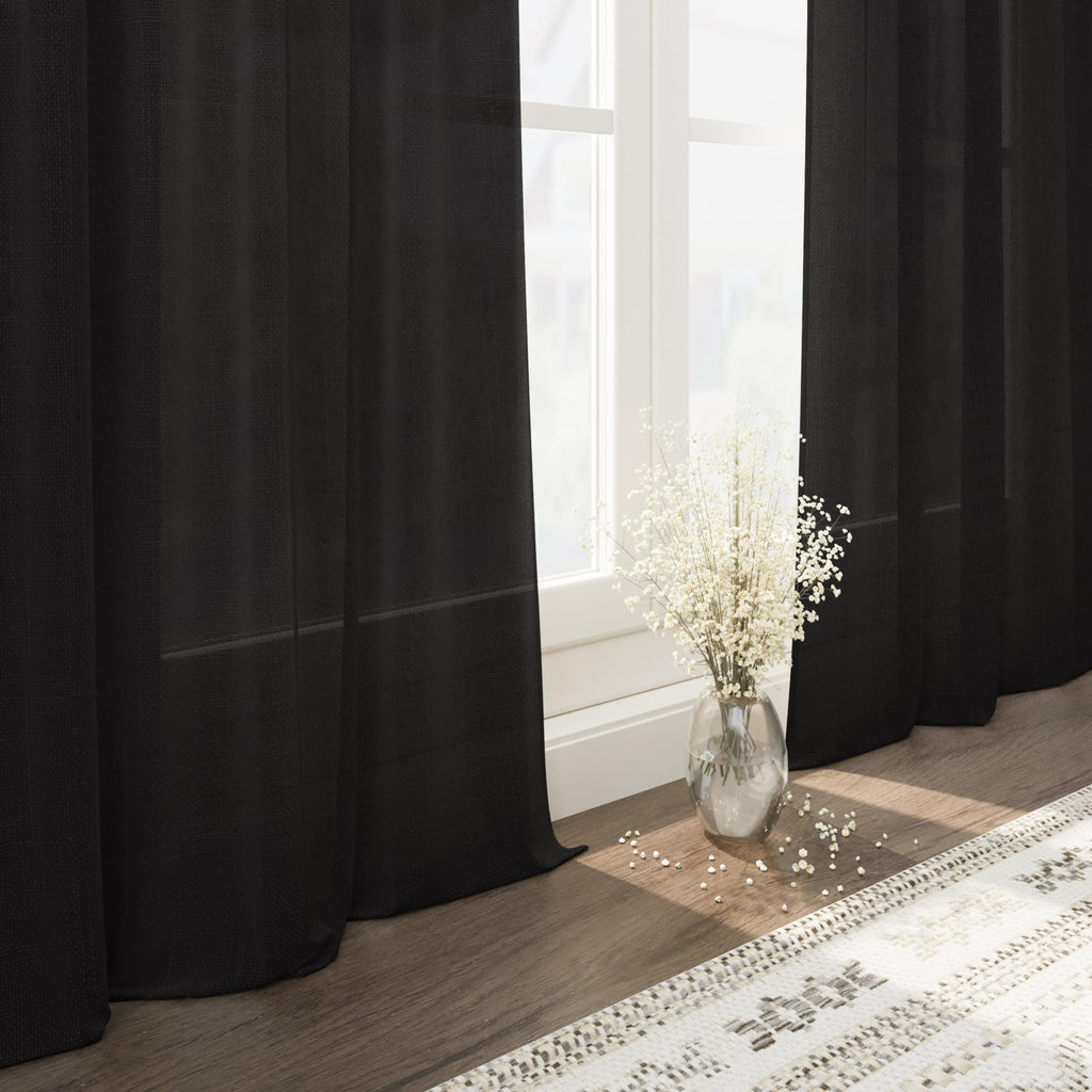 Vintage Black Linen Curtains 63 Inch Length for Living Room Light Filtering Semi Sheer Curtain Back Tab and Rod Pocket Privacy Luxury Gothic Vintage Decor Drapes for Bedroom Office 52x63, 2 Panels