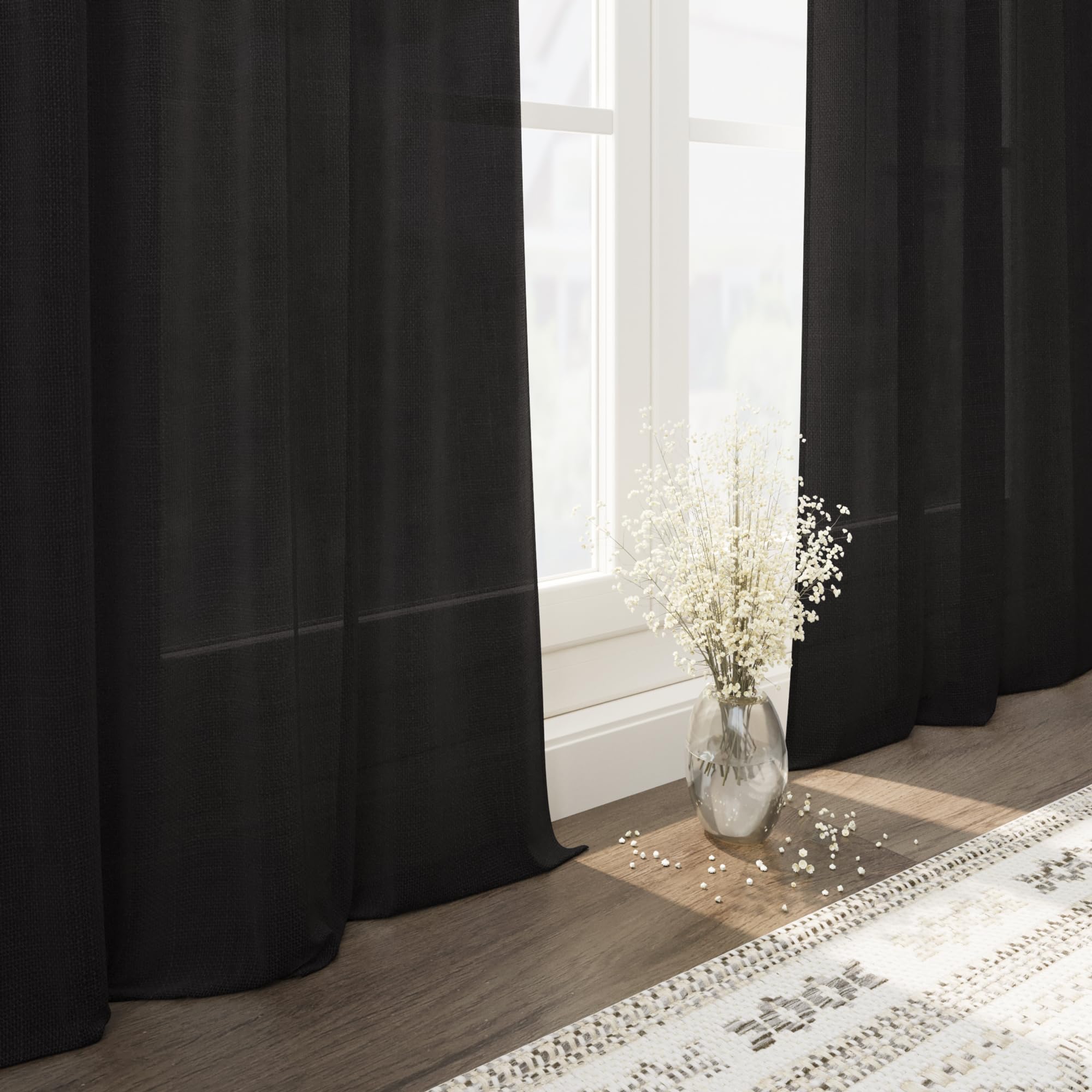 Vintage Black Linen Curtains 63 Inch Length for Living Room Light Filtering Semi Sheer Curtain Back Tab and Rod Pocket Privacy Luxury Gothic Vintage Decor Drapes for Bedroom Office 52x63, 2 Panels