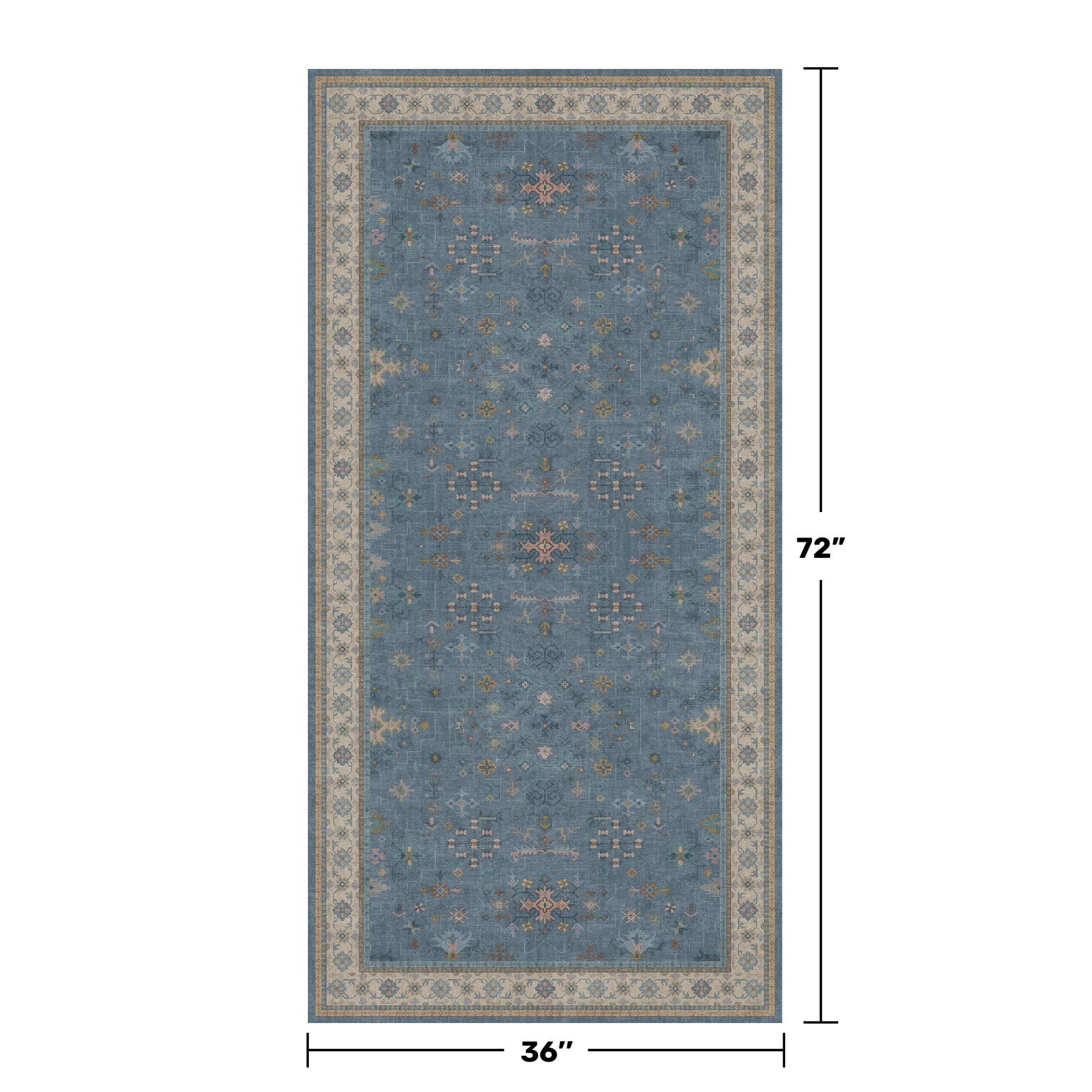 Washable 3x6 Throw Rug for Large Kitchen - Blue Rugs for Entryway Indoor, Bedroom Bedside, Mudroom, Boho Eclectic Modern Décor, Non Slip Low Pile Fade Resistant