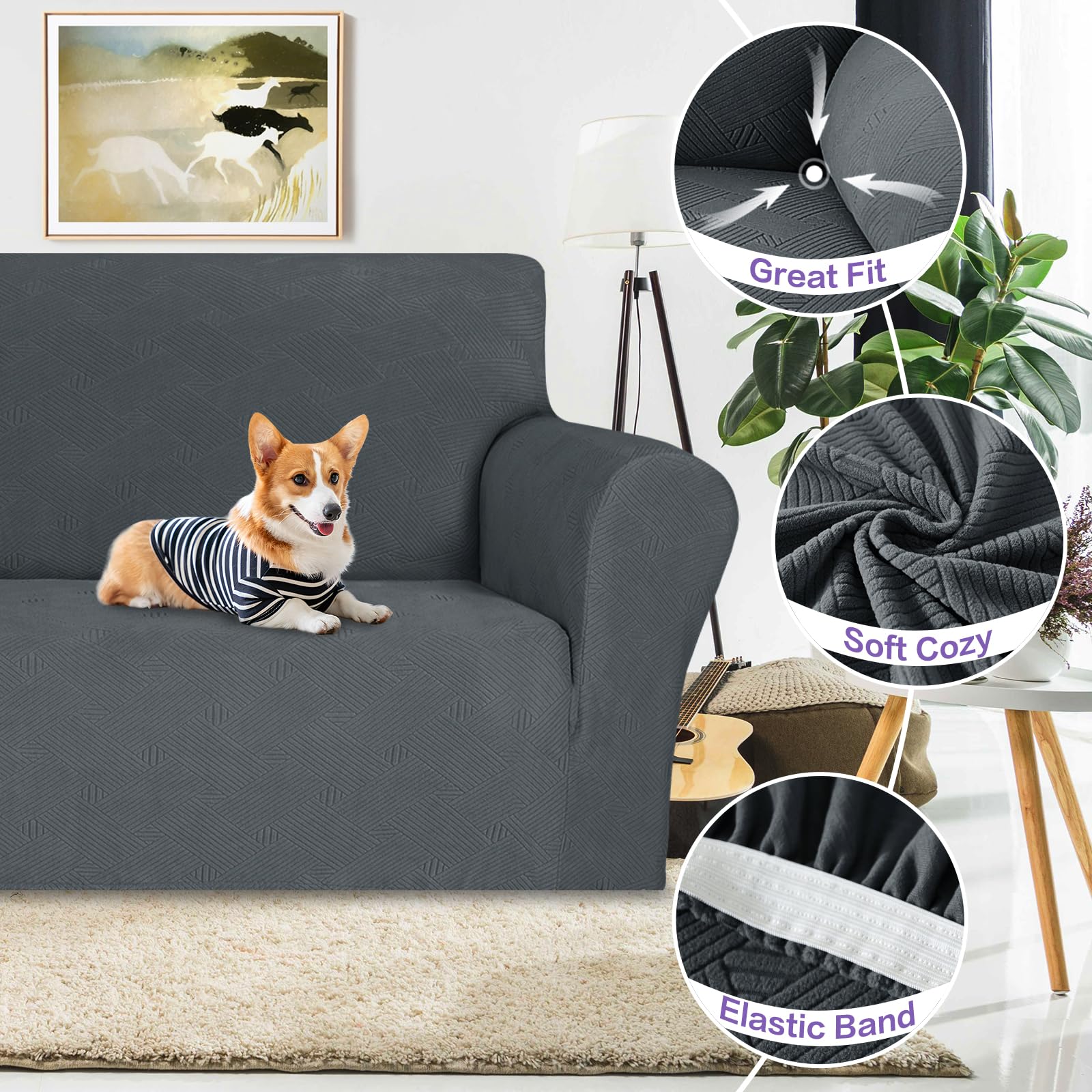 ZNSAYOTX Super Stretch Couch Cover (72"-92"), New Striped Sofa Covers Fitted Slipcovers with Elastic Bottom, Dog Cat Pets Proof Spandex Fabric Comfortable & Durable (Dark Grey, Sofa)