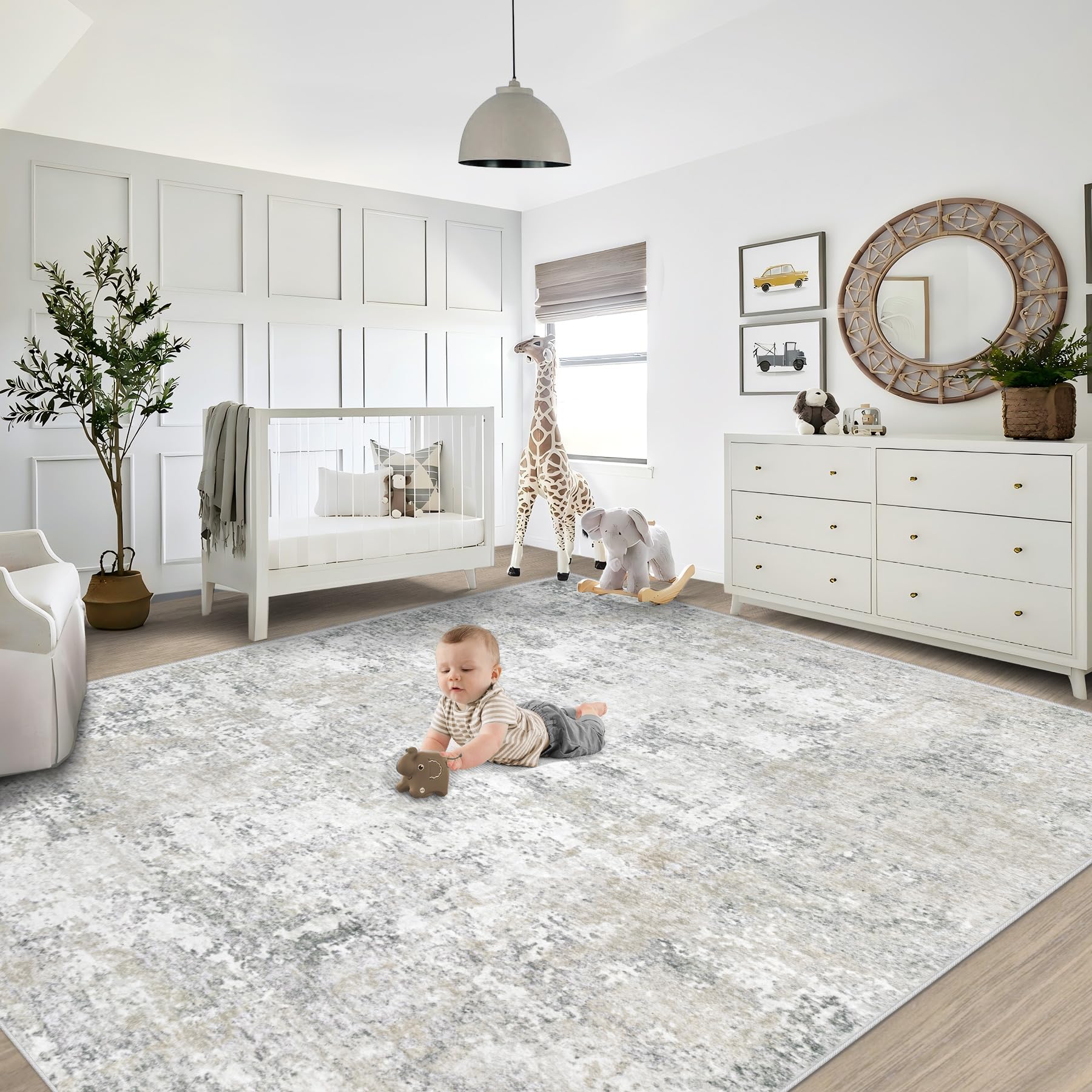 XLUEZ 8x10 Area Rugs for Living Room, Washable Modern Abstract Large Area Rug Neutral Soft Non Slip Kids Rug Stain Resistant Indoor Carpet for Bedroom Nursery Dining Room Playroom(BeigeGrey, 8'x10')