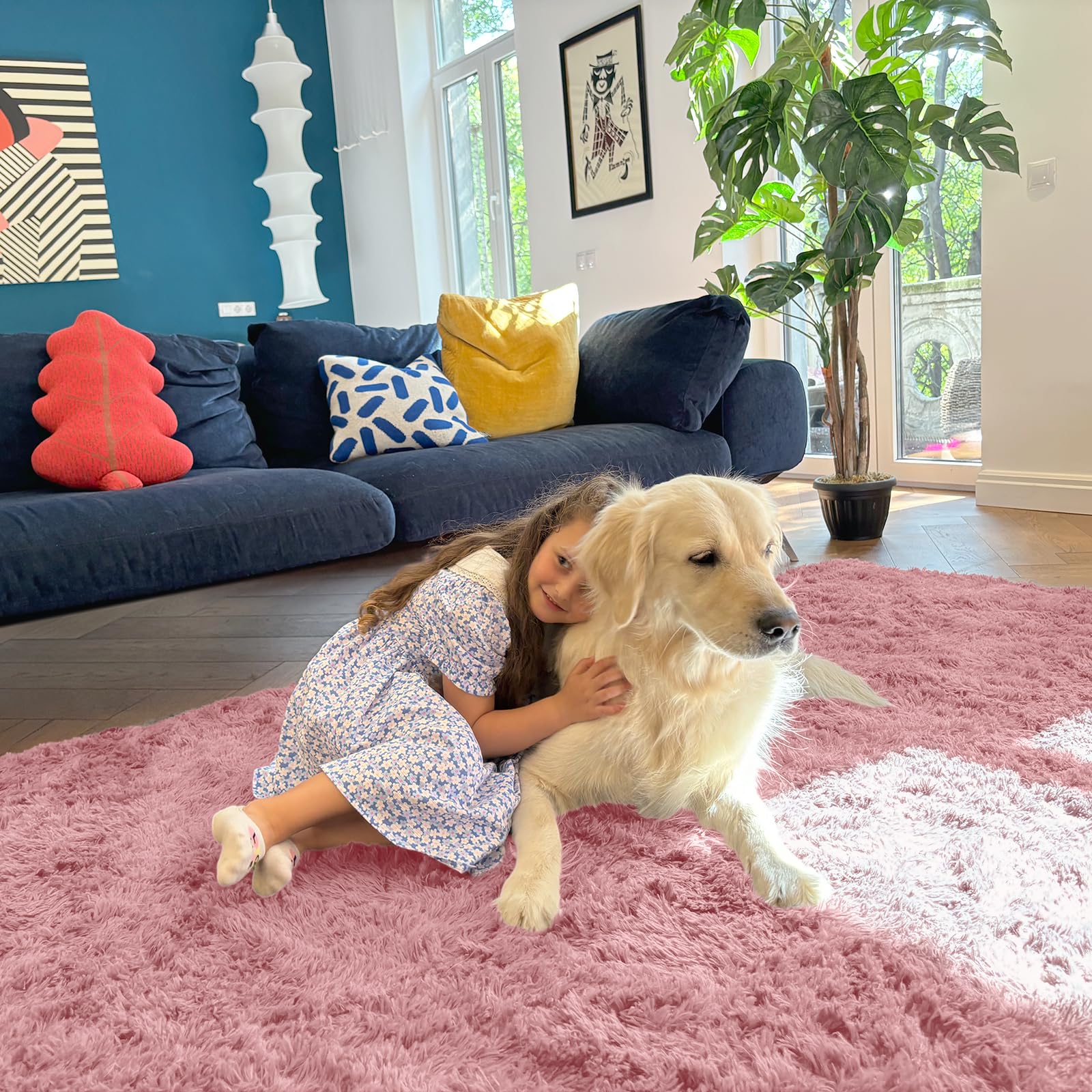 OLANLY 5x8 Machine Washable Large Area Rugs for Living Room, Bedroom, Soft Fluffy Shaggy Bedside Rug, Indoor Floor Carpet for Kids Girls and Boys, Dorms, Nursery, Home Decor Aesthetic, Pale Pink